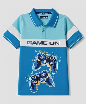 Pine Kids Cotton Knit Half Sleeves Polo T-Shirt With Game On Print - Light Blue