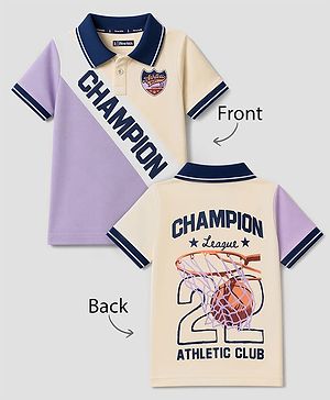 Pine Kids Cotton Knit Half Sleeves Polo T-Shirt With Champion Print - Lilac