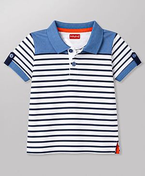 Babyhug 100% Cotton Knit T-Shirts with Half Sleeves and Striped Print in Blue 12-18 Months