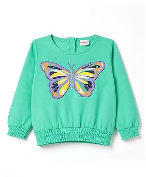 Babyhug 100% Cotton Knit Full Sleeves Sequins Embellished Top with Butterfly Print - Sea Green
