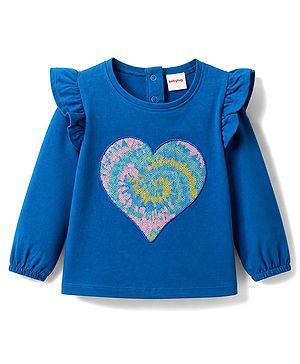 Babyhug 100% Cotton Knit Full Sleeves Top with Frills & Sequinned Heart Design -Blue