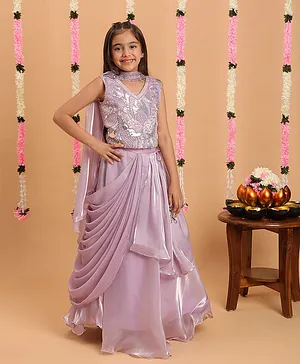 Tiny Kingdom Satin Woven Sleeveless
                              Sequins & Beads Embellished Lehenga
                              Choli Set With Dupatta - Purple
