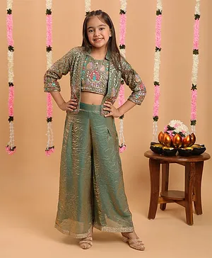 Tiny Kingdom Tissue Woven Three
                              Fourth Sleeves Floral Embroidered Top
                              & Palazzo With Jacket - Green