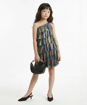 Taffykids Knit Sleeveless Holographic
                              Asymmetric Layered Party Dress With
                              Glitter Print - Multicolor