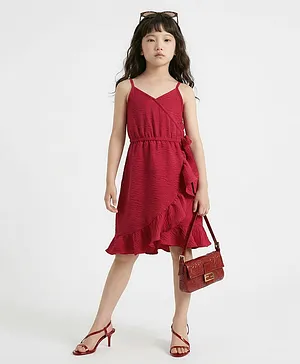 Taffykids Woven Sleeveless Solid
                              Textured Asymmetric Hem Wrap Party Dress
                              With Frill Detail - Red