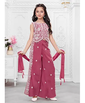 Ministitch Cotton Silk Woven
                              Sleeveless Zari Work Embroidered Top &
                              Palazzo Set With Dupatta - Pink