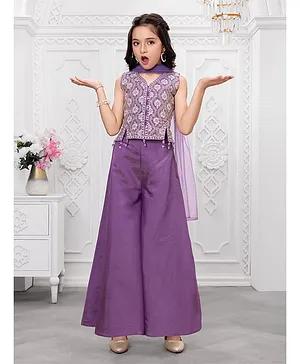 Ministitch Cotton Silk Woven
                              Sleeveless Floral Embroidered Top &
                              Palazzo Set With Dupatta - Lavender