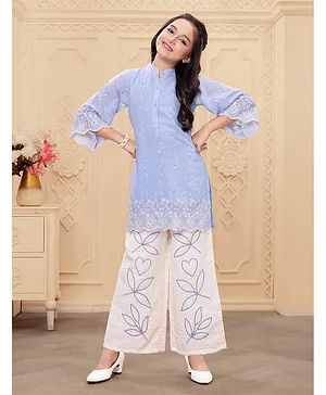 Ministitch Rayon Woven Three Fourth
                              Sleeves Floral Embroidered Kurti &
                              Palazzo Set - Blue