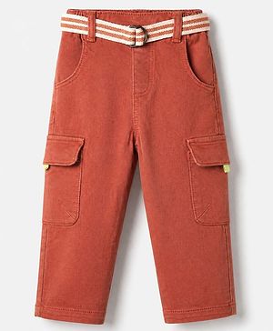 Babyhug Cotton Blend Denim Full Length Washed Jeans With Belt & Cargo Pockets - Rust Orange