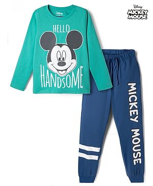 Pine Kids Disney Single Jersey Knit Full Sleeves T-Shirt & Pyjama Night Suit with Mickey Mouse Graphic - Mint