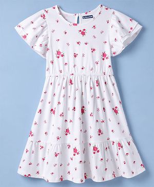 Pine Kids Cotton Knit Half Sleeves One Piece Dress With Floral Print - White