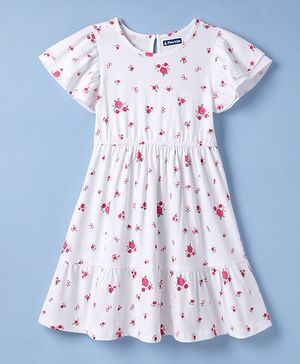 Pine Kids Cotton Knit Half Sleeves Frock with Floral Print - White
