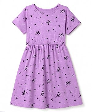 Pine Kids Cotton Knit Half Sleeves One Piece Dress with Floral Print - Purple