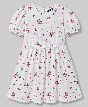 Pine Kids 100% Cotton Knit Half Sleeves Floral Printed Frock - White