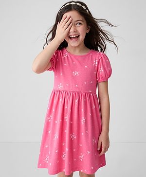 Pine Kids Cotton Knit Dress with Half Sleeves and Floral Print - Pink