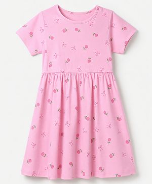 Pine Kids Cotton Knit Half Sleeves One Piece Dress with Floral Print - Pink