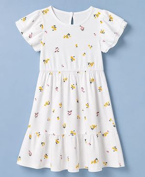 Pine Kids Cotton Knit Flutter Sleeves Tiered Frock with Floral Print - White
