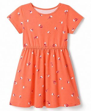 Pine Kids Female Cotton Knit Half Sleeves Frock with Floral Print - Orange