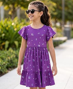 Pine Kids 100% Cotton Knit Half Flutter Sleeves Floral Printed Tiered Frock - Purple