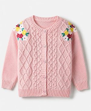 Babyhug Knit Full Sleeves Front Open Sweaters With Cable Knit Design & Floral Embroidery - Pink
