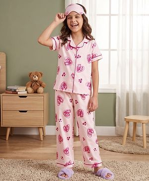 Pine Kids Cotton Knit Half Sleeves Heart Printed Co-Ords Shirt & Pajama Night Suit - Pink