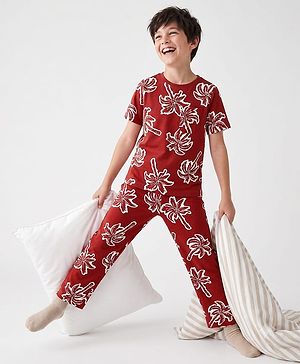 Pine Kids Cotton Knit Half Sleeves Co-Ords T-Shirt & Pyjama Night Suit with Palm Tree Print - Red