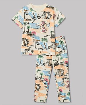 Pine Kids Cotton Knit Half Sleeves Beach Theme Printed Co-Ords T-Shirt & Pyjama Night Suit - Cream