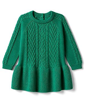 Babyhug Sweater-knit Full Sleeves Woolen Dress with Cable knit Design - Green