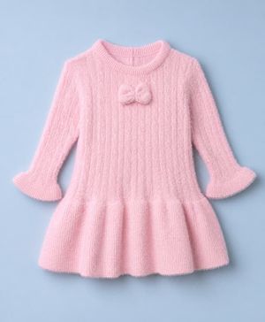 Babyhug Knit Woolen Dress with Full Sleeves and Bow Applique in Pink for 9-12 Months