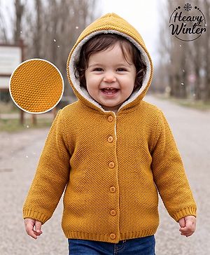 Babyhug Knit Full Sleeves Solid Colour Front Open Hooded Sweater - Yellow