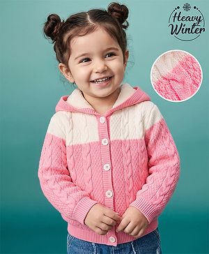 Babyhug Knit Full Sleeves Hooded Sweater With Cable Knit  Design - Pink & White