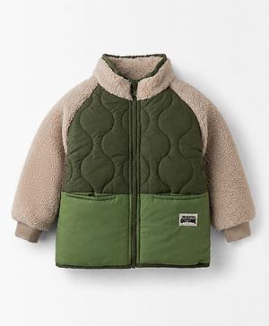 Bonfino Woven Full Raglan Sleeves Solid Color Block Winter Quilted Puffed High Neck Jacket - Dark Green