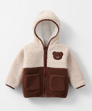 Bonfino Woven Full Sleeves Bear Patch Sherpa Color Block Quilted Hooded Jacket - OffWhite