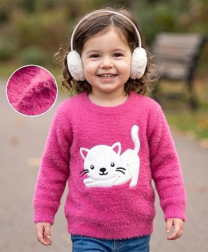 Babyhug Knit Full Sleeves Pullovers With Kitten Applique -  Pink