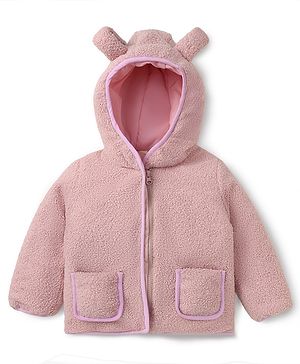 Bonfino Sherpa Fleece Quilted Hooded Jacket with Full Sleeves & Applique - Peach
