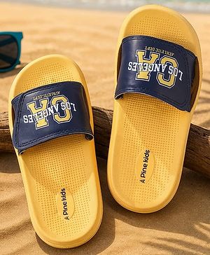 Pine Kids Slip On Sliders With Text Print - Yellow