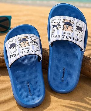 Pine Kids Slip On Sliders With Teddy Bear & Text Print - Blue