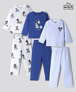 Bonfino Disney 100% Cotton Interlock Knit T-Shirt & Pyjama Night Suit with Mickey Mouse Graphic Print in White & Blue Pack of 3