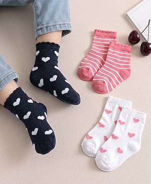 Cute Walk by Babyhug Non Terry Knit Anti-bacterial Ankle Length Striped Sock With Heart Design Pack of 3 - Pink White & Black
