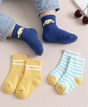 Cute Walk by Babyhug Anti-Bacterial Ankle Length Striped Sock With Vehicle Design Pack of 3 - Yellow Blue & White