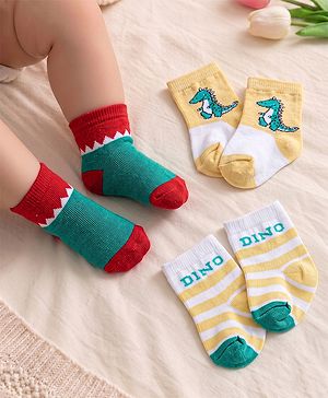 Cutewalk by Babyhug Anti-Bacterial Ankle Length Striped Socks With Dino Design Pack Of 3 - White
