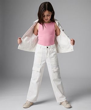 Pine Kids Woven Full Length Denim Jeans With Cargo Pockets - White