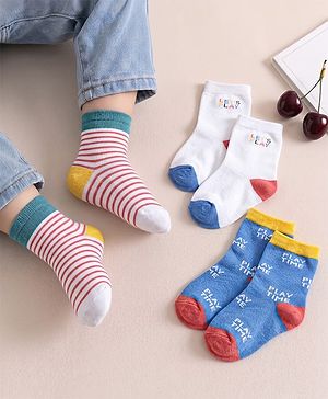 Cute Walk by Babyhug Knit Ankle Length Antibacterial Socks With Striped & Text Design Pack Of 3 - Blue & White