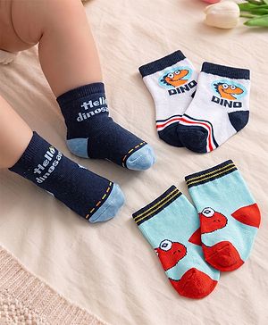 Cute Walk by Babyhug Knit Ankle Length Antibacterial Socks with Dino Design Pack of 3 - Navy & White