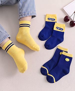 Cute Walk by Babyhug Knit Ankle Length Antibacterial Socks with Stripe & Text Design Pack of 3 - Navy & Yellow