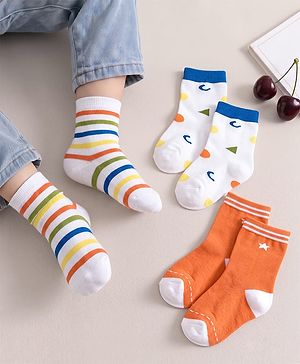 Cute Walk by Babyhug Knit Ankle Length Antibacterial Socks with Stripe & Star Design Pack of 3 - White & Orange