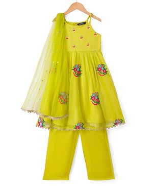 Pine Kids Georgette Woven Sleeveless Floral Embroidered Kurti Salwar Set With Dupatta - Lime Green