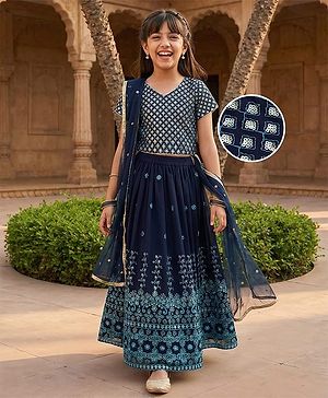 Pine Kids Georgette Woven Half Sleeves Floral Sequinned Choli & Lehenga Set With Dupatta - Navy Blue