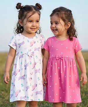 Babyhug Single Jersey Knit Half Sleeves Polka Dot & Unicorn Printed Frock With Bow Applique Pack of 2 - Pink & White
