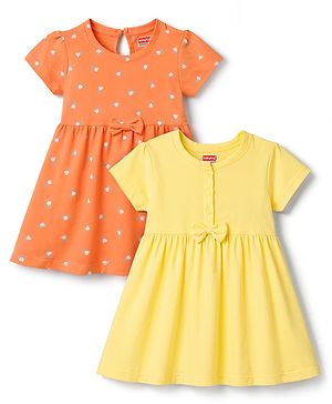Babyhug Single Jersey Knit Half Sleeves Floral Printed Frocks With Bow Applique Pack Of 2 - Orange & Yellow